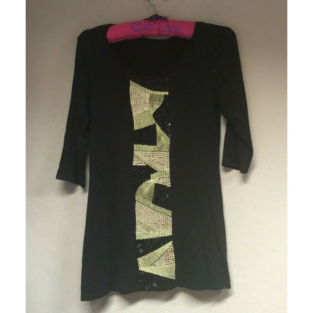 Antthony Originals Women's Small Black/Gold Sequin Tunic Top 3/4 Sleeve New